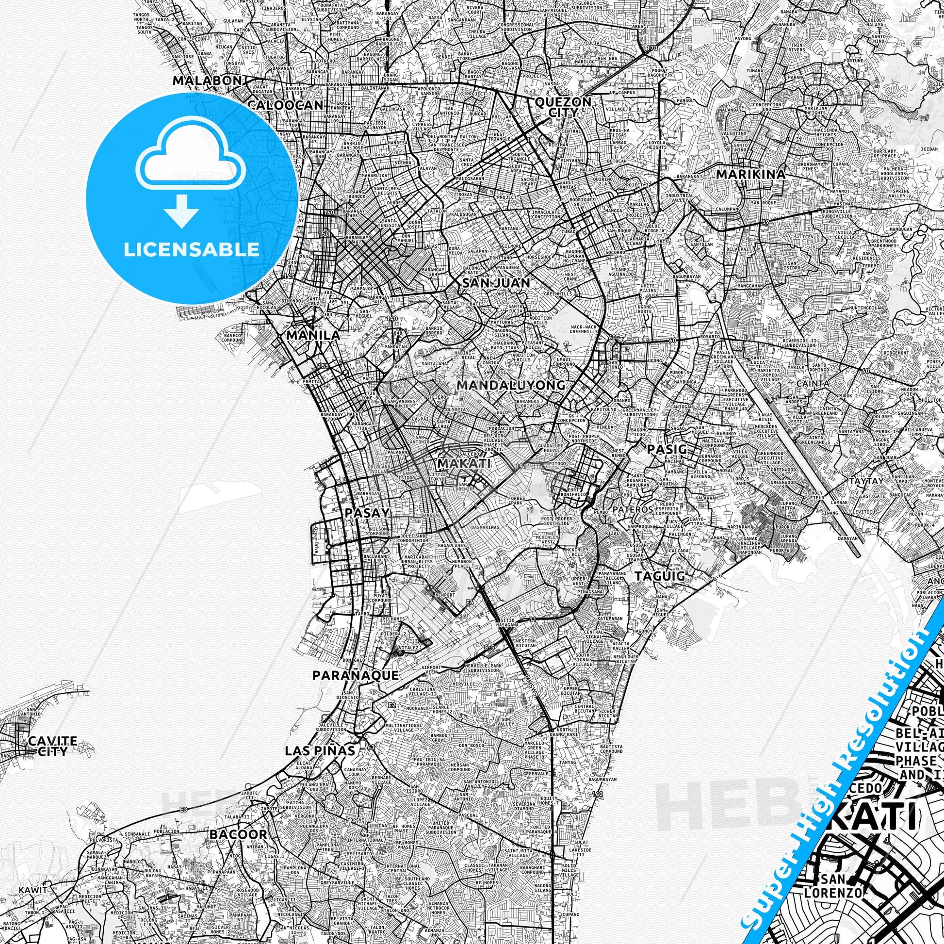 Makati, Philippines light map with streetnames, citynames and districts