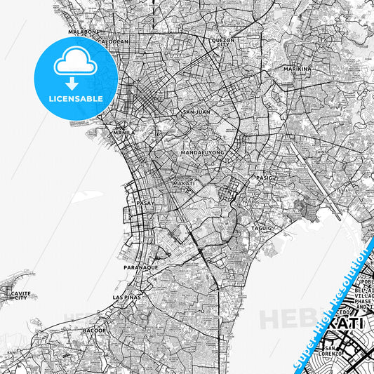 Makati, Philippines light map with streetnames, citynames and districts