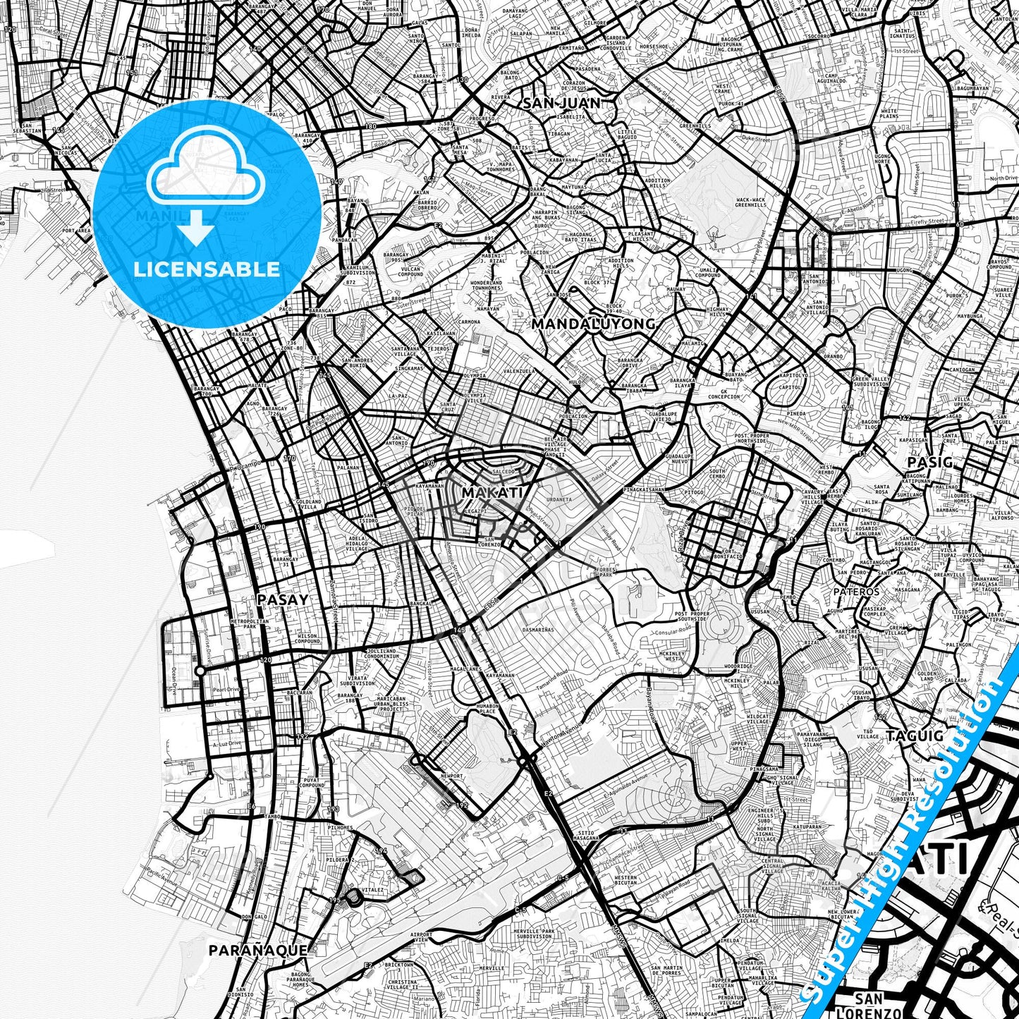 Makati, Philippines Light Map with Street Names, City Names, and Districts