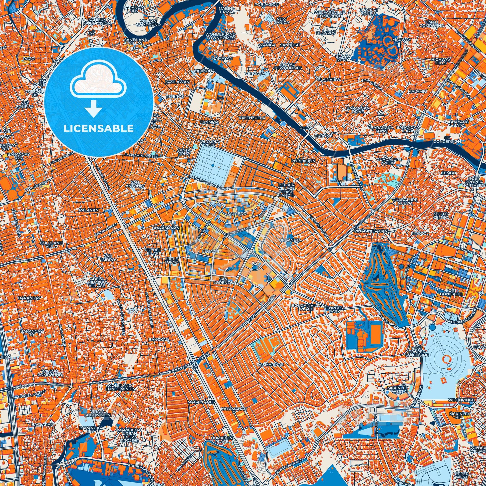 Colorful Makati Street Map with Labels and Buildings