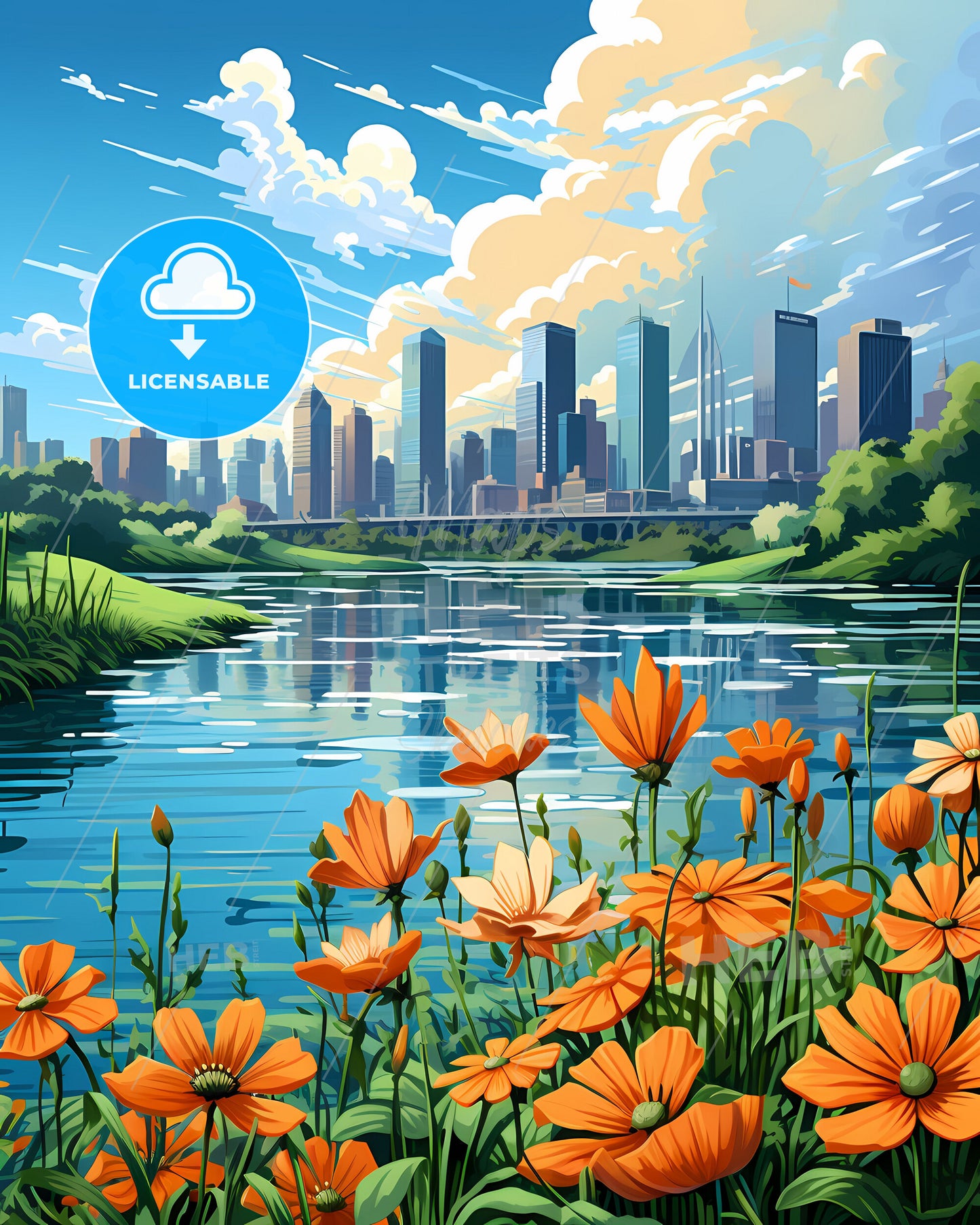 Colorful Cityscape Painting Depicting a River with Orange Flowers and a Vibrant Urban Silhouette