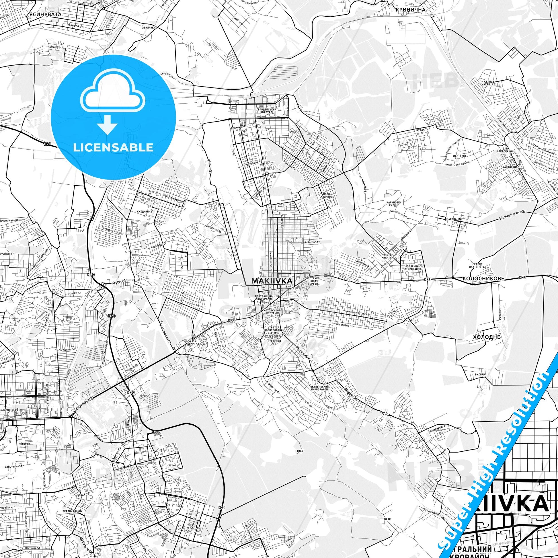 Makiivka, Ukraine light map with streetnames, citynames and districts