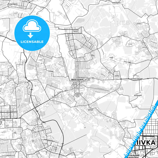Makiivka, Ukraine light map with streetnames, citynames and districts