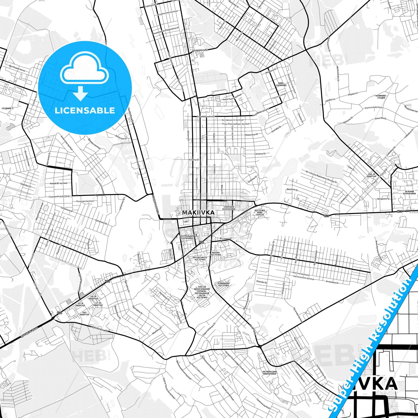 Makiivka, Ukraine Light Map with Street Names, City Names, and Districts