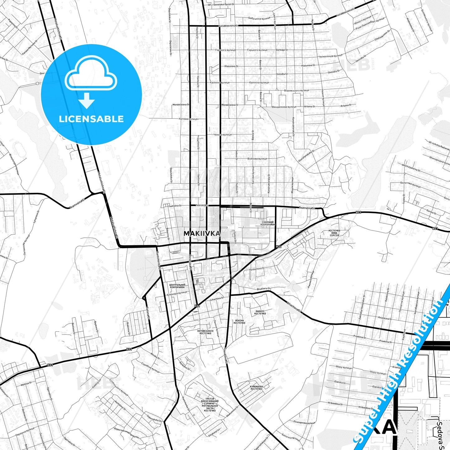 Makiivka, Ukraine Light Map with Street Names, City Names, and Districts