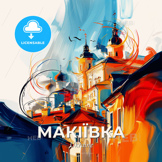 Vibrant Макіївка, Ukraine - A Painting Of A Building With Towers And A Blue Sky - Square format print template