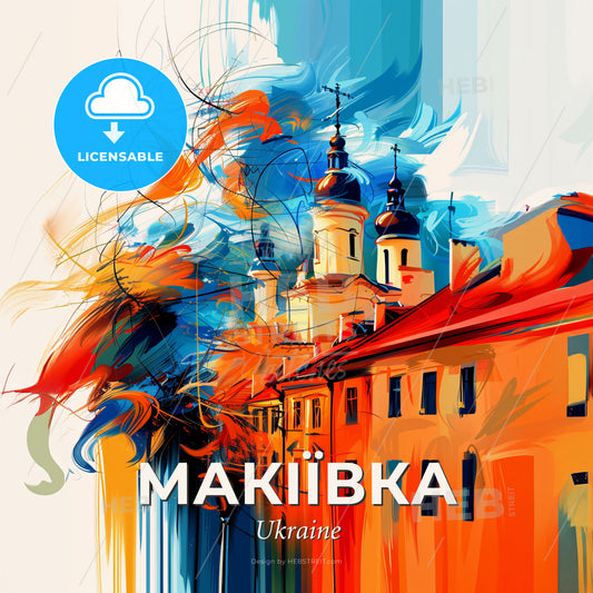 Vibrant Макіївка, Ukraine - A Painting Of A Building With A Colorful Background - Square format print template