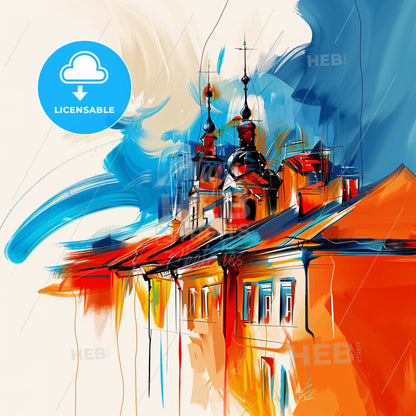 Vibrant Макіївка, Ukraine - A Painting Of A Building With A Tower