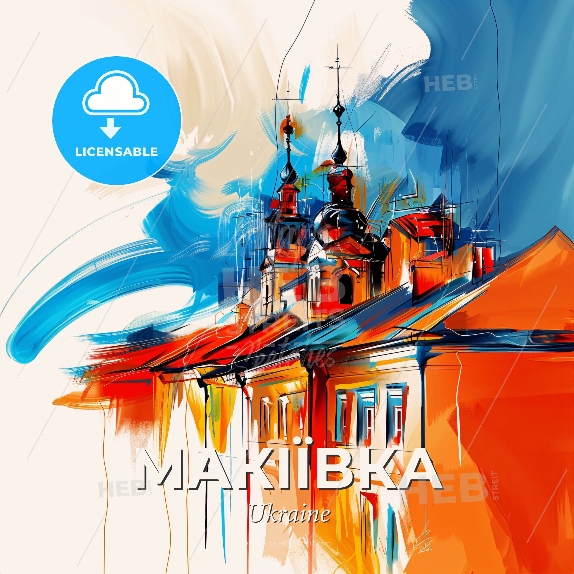 Vibrant Макіївка, Ukraine - A Painting Of A Building With A Tower - Square format print template