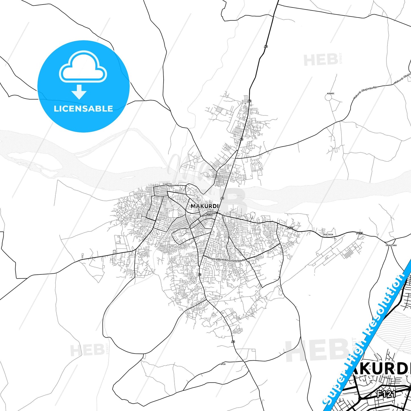 Makurdi, Nigeria light map with streetnames, citynames and districts