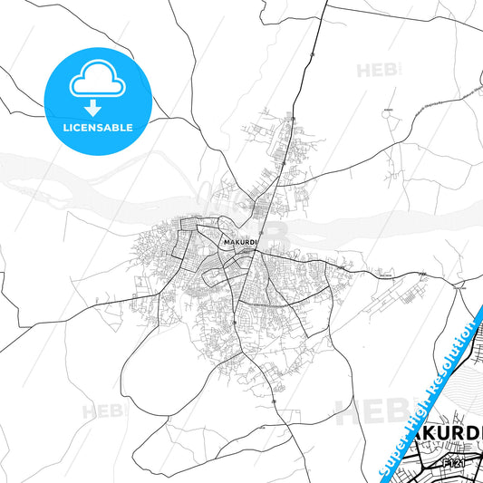 Makurdi, Nigeria light map with streetnames, citynames and districts