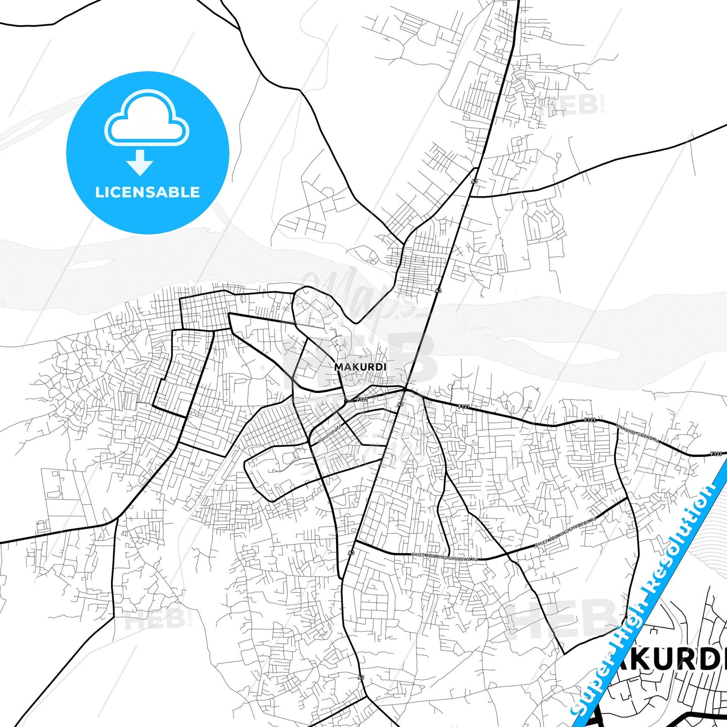 Makurdi, Nigeria Light Map with Street Names, City Names, and Districts