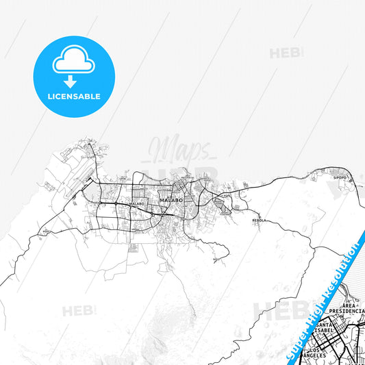 Malabo, Equatorial Guinea light map with streetnames, citynames and districts