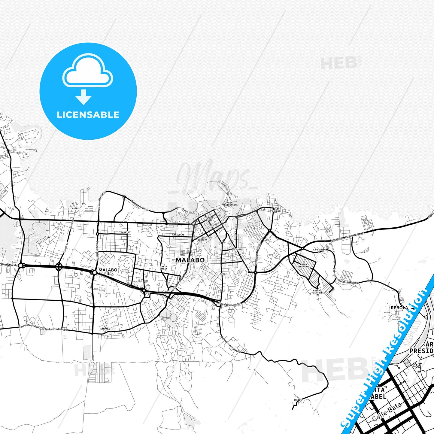 Malabo, Equatorial Guinea Light Map with Street Names, City Names, and Districts