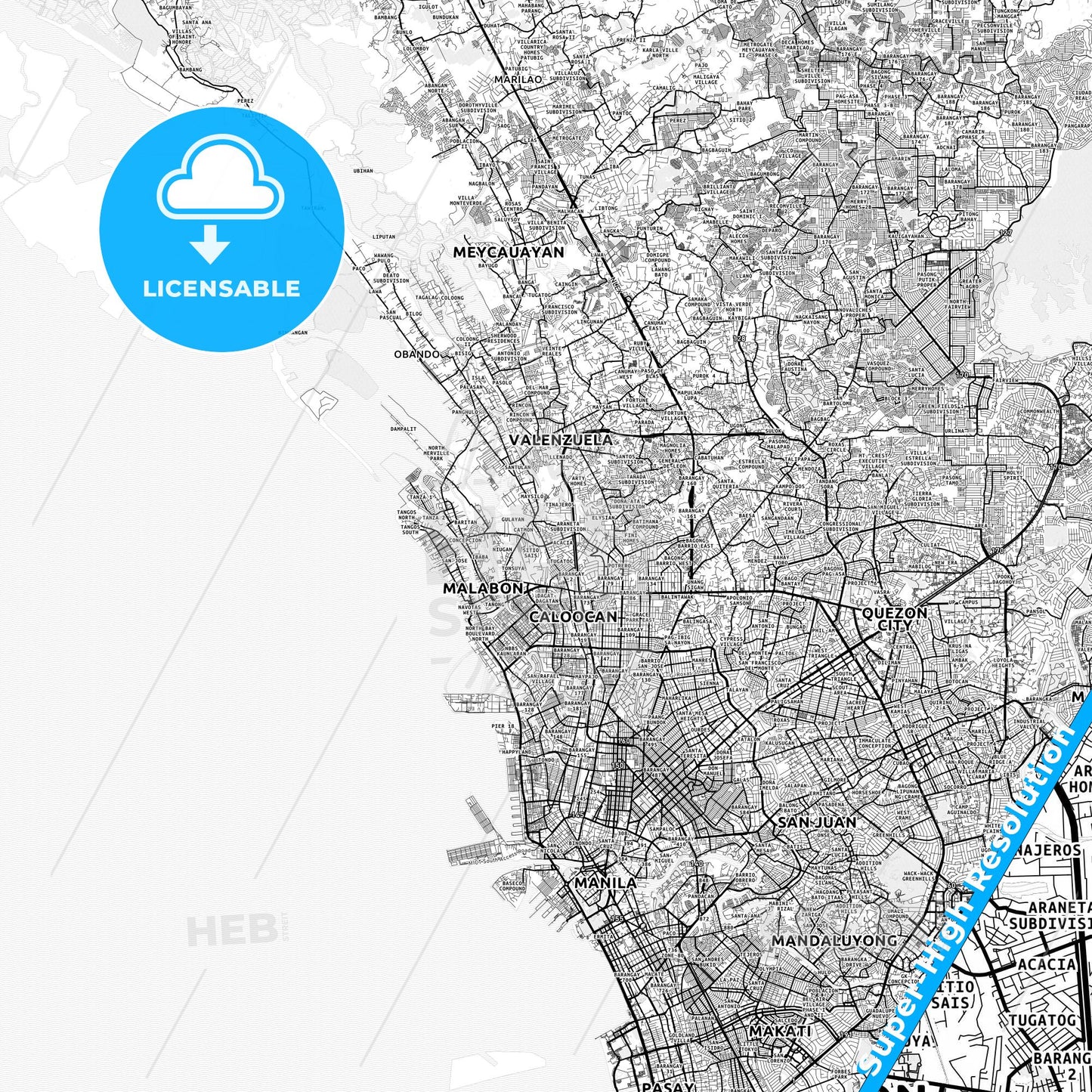Malabon, Philippines light map with streetnames, citynames and districts