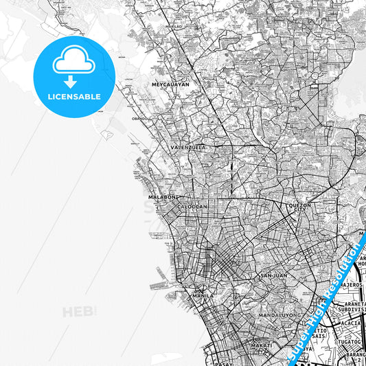Malabon, Philippines light map with streetnames, citynames and districts