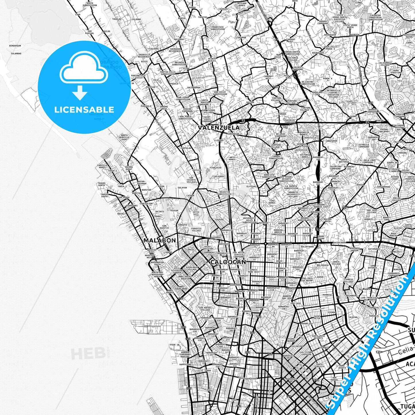 Malabon, Philippines Light Map with Street Names, City Names, and Districts