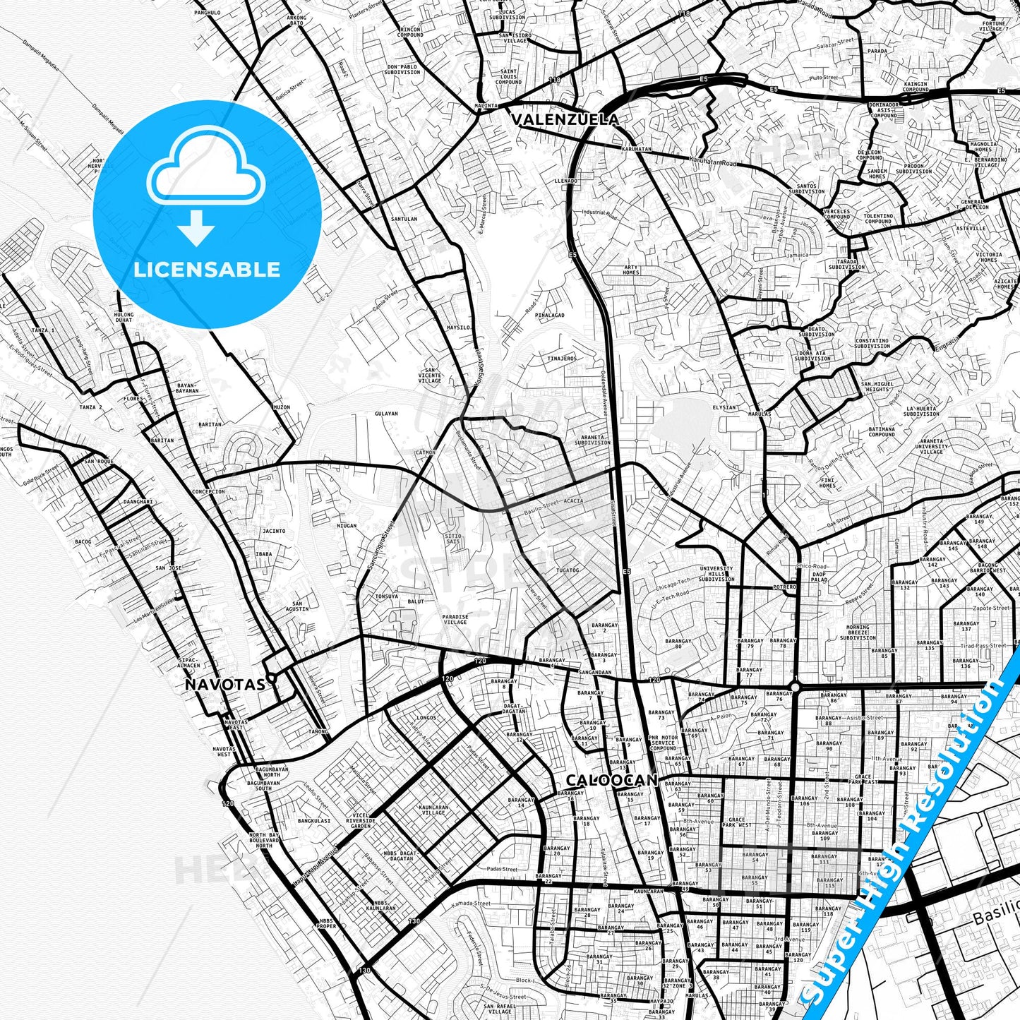 Malabon, Philippines Light Map with Street Names, City Names, and Districts