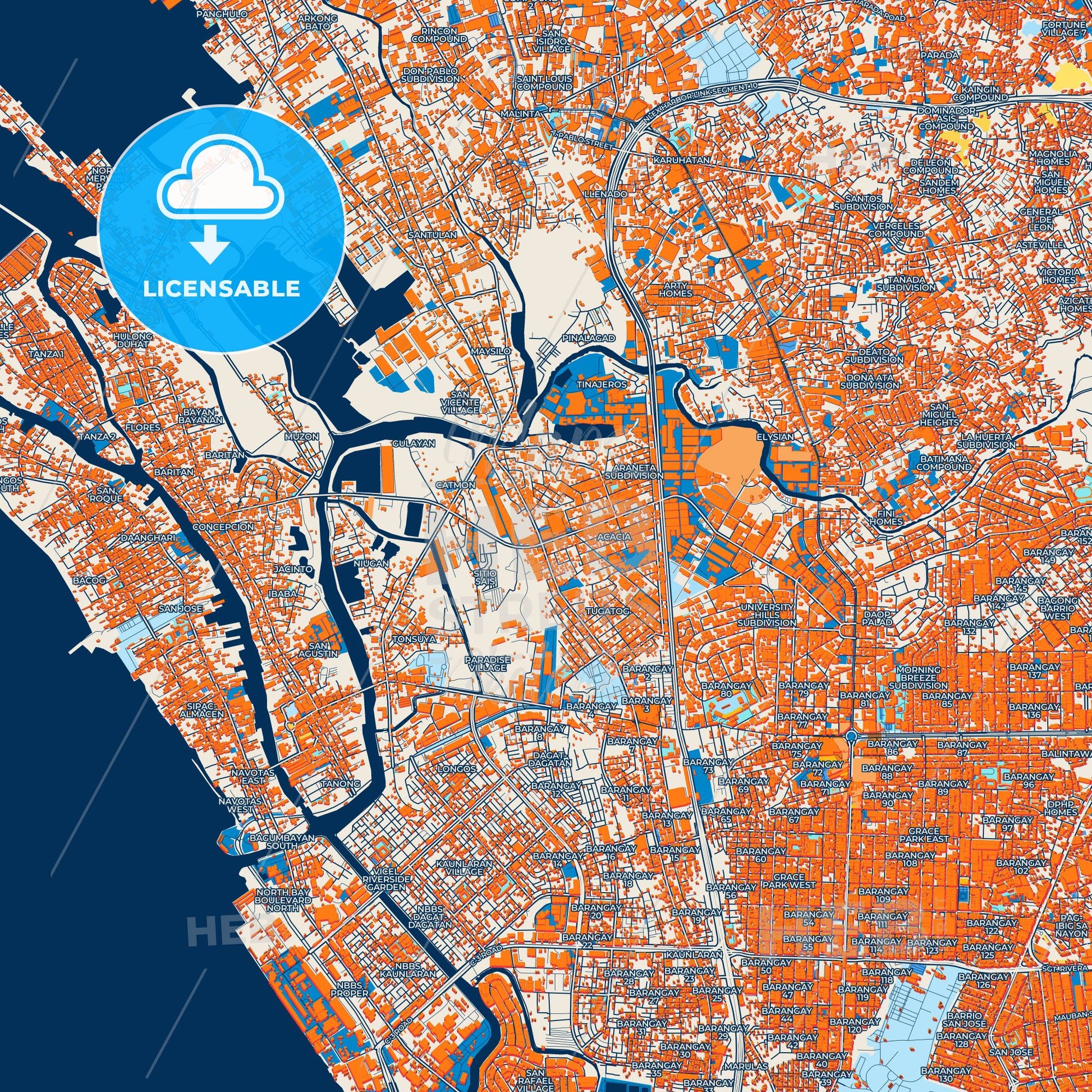 Colorful Malabon Street Map with Labels and Buildings