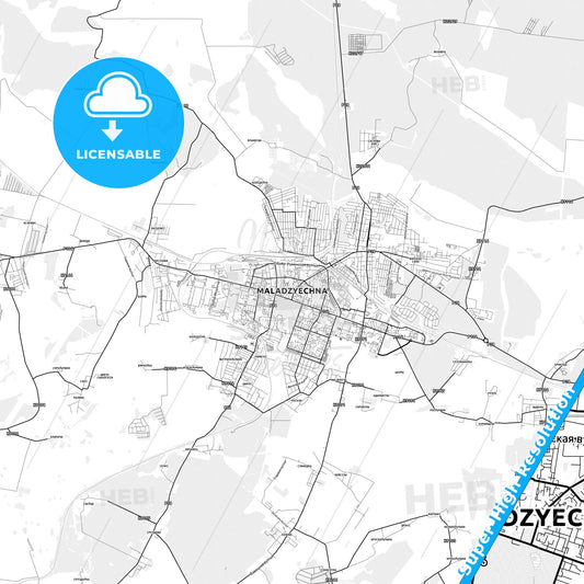 Maladzyechna, Belarus light map with streetnames, citynames and districts
