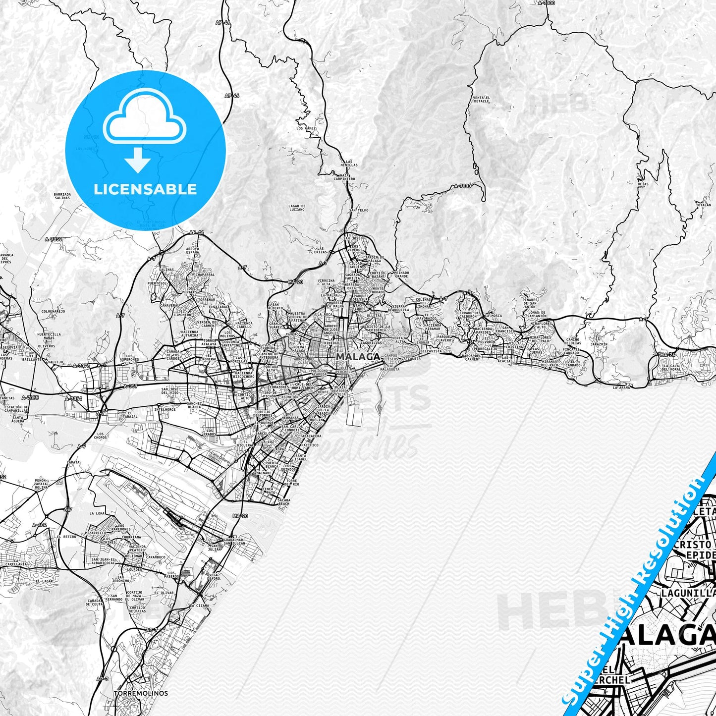 Málaga, Spain light map with streetnames, citynames and districts