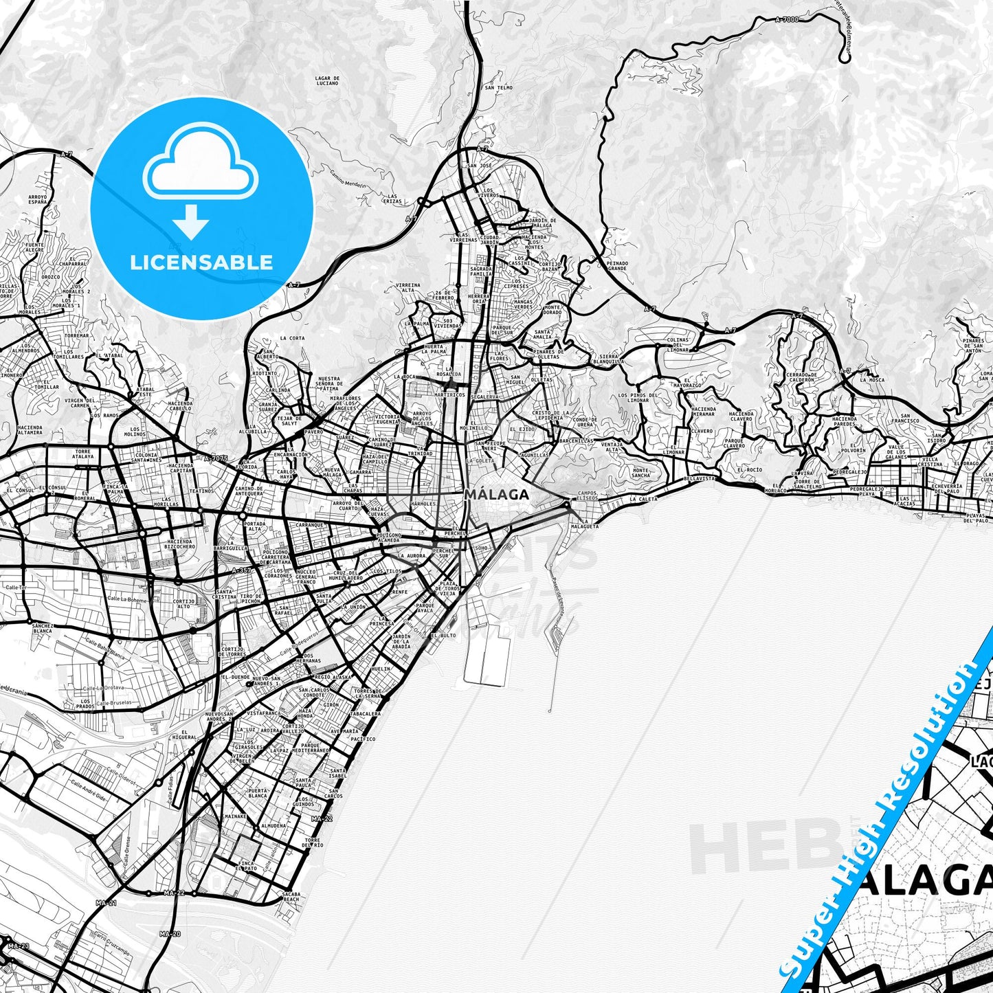 Málaga, Spain Light Map with Street Names, City Names, and Districts