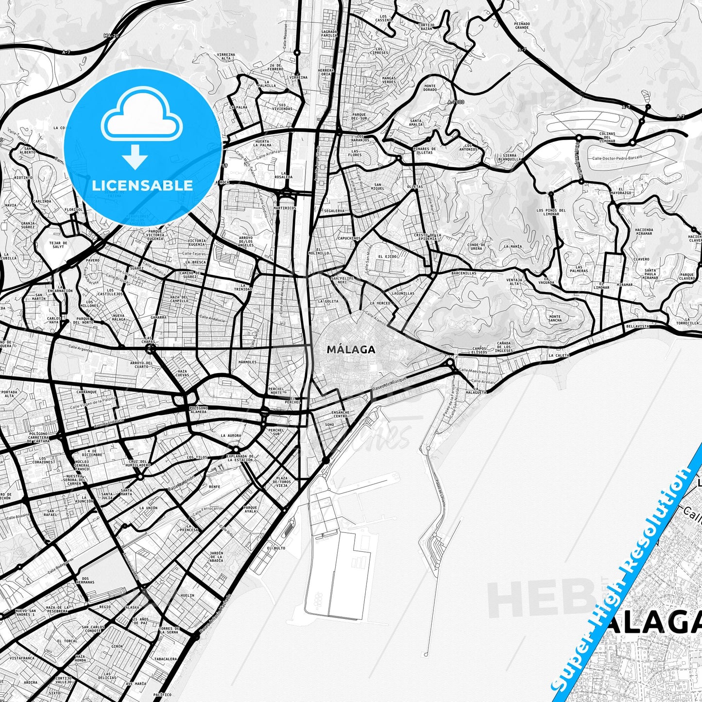 Málaga, Spain Light Map with Street Names, City Names, and Districts