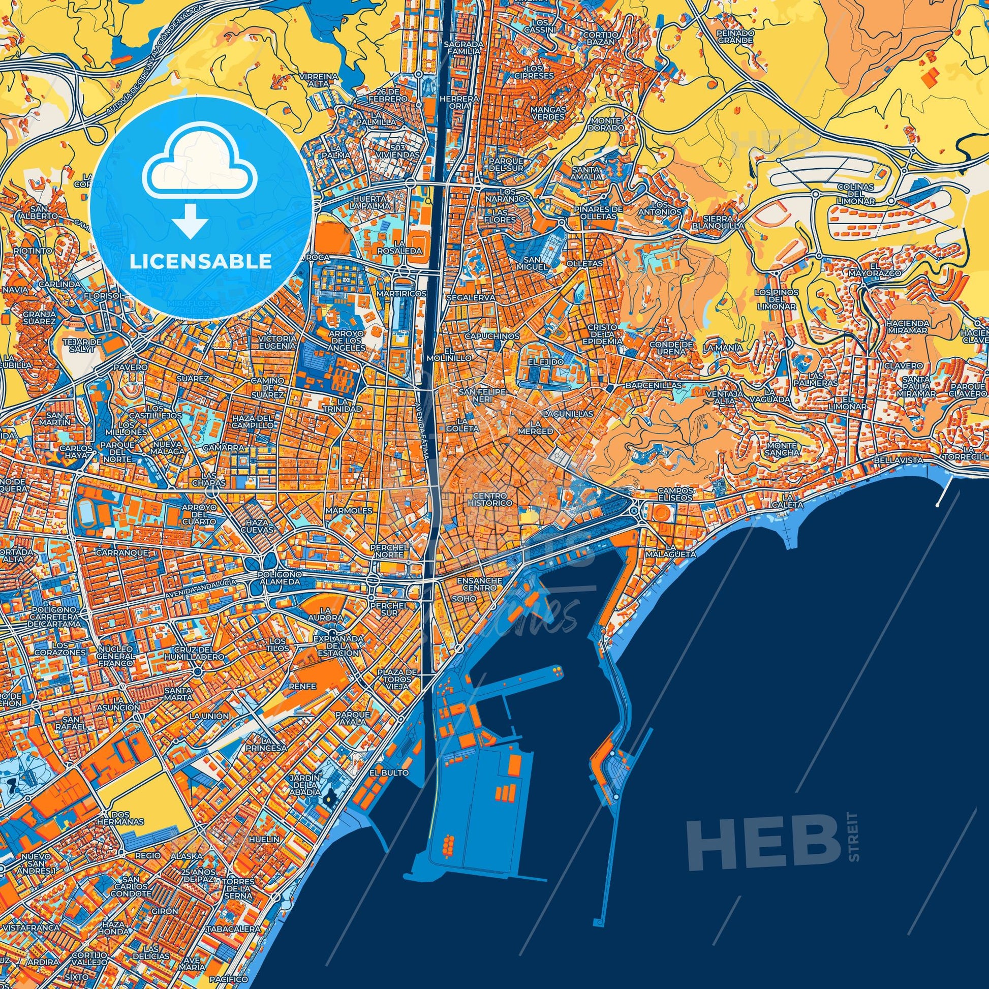 Colorful Málaga Street Map with Labels and Buildings