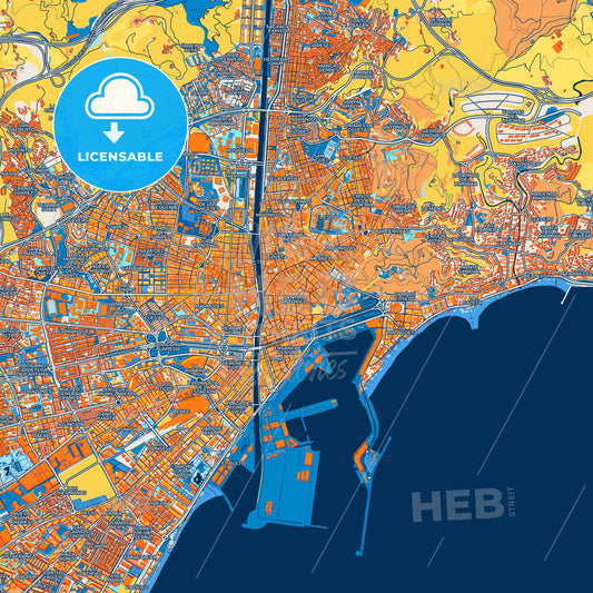 Colorful Málaga Street Map with Labels and Buildings