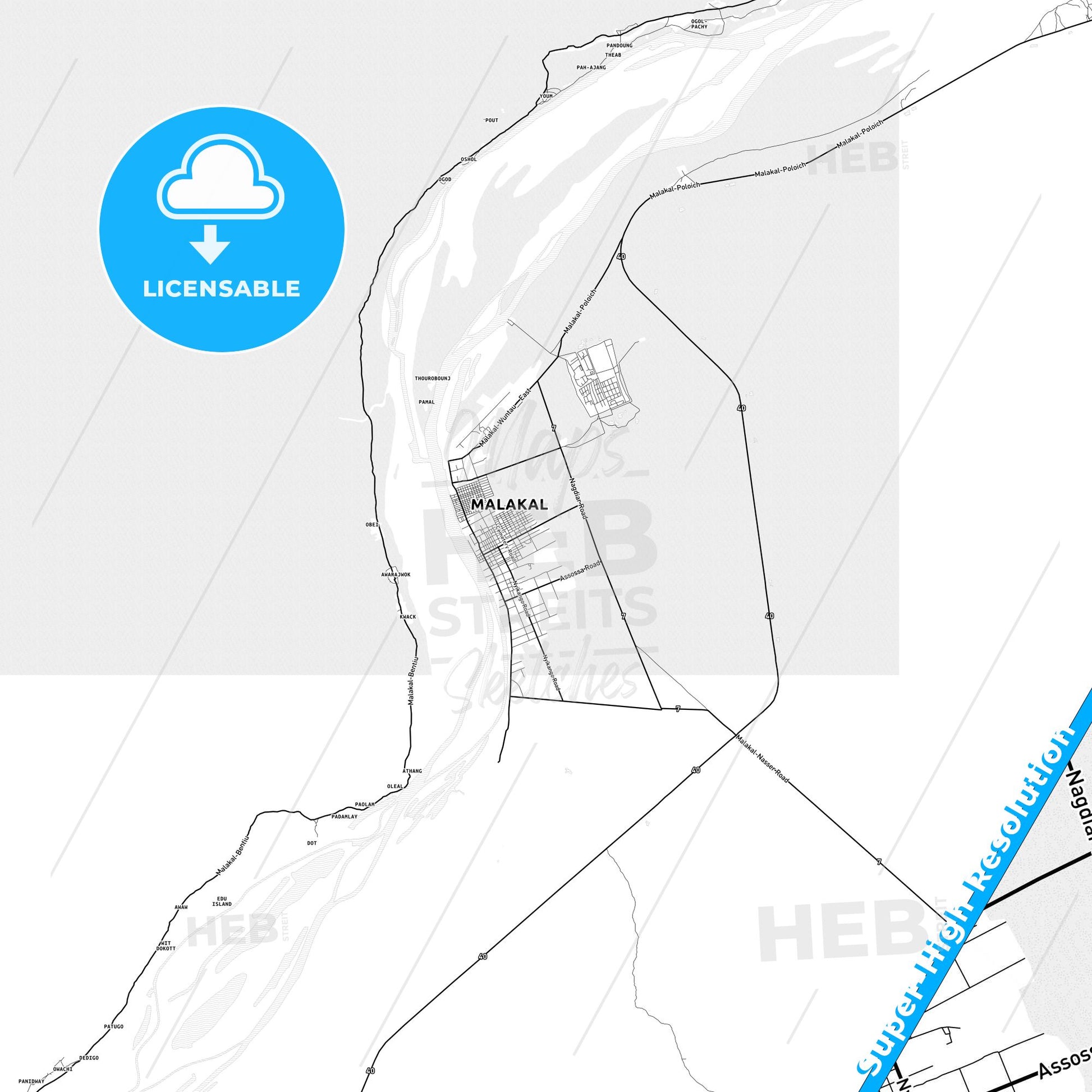 Malakal, South Sudan light map with streetnames, citynames and districts