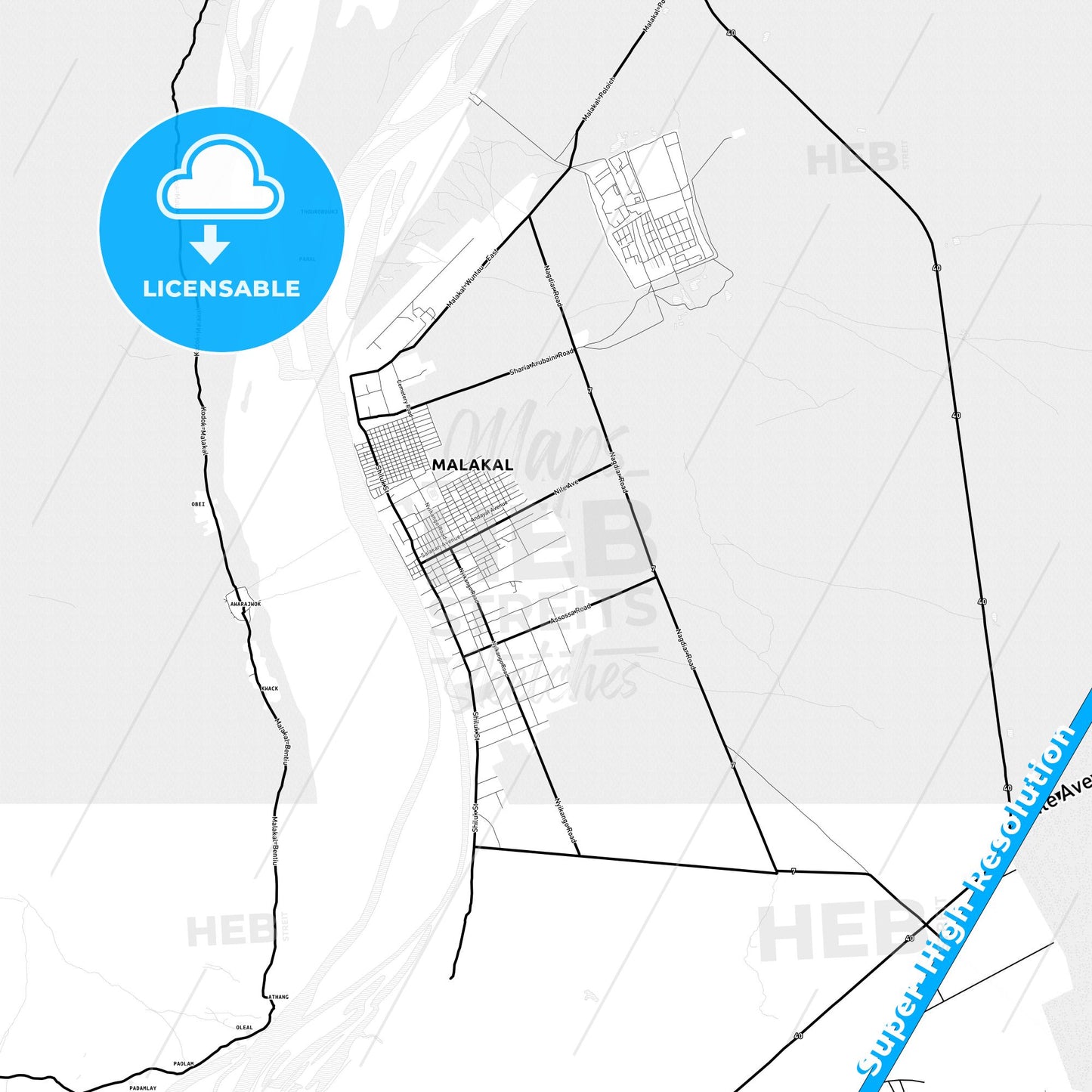 Malakal, South Sudan Light Map with Street Names, City Names, and Districts