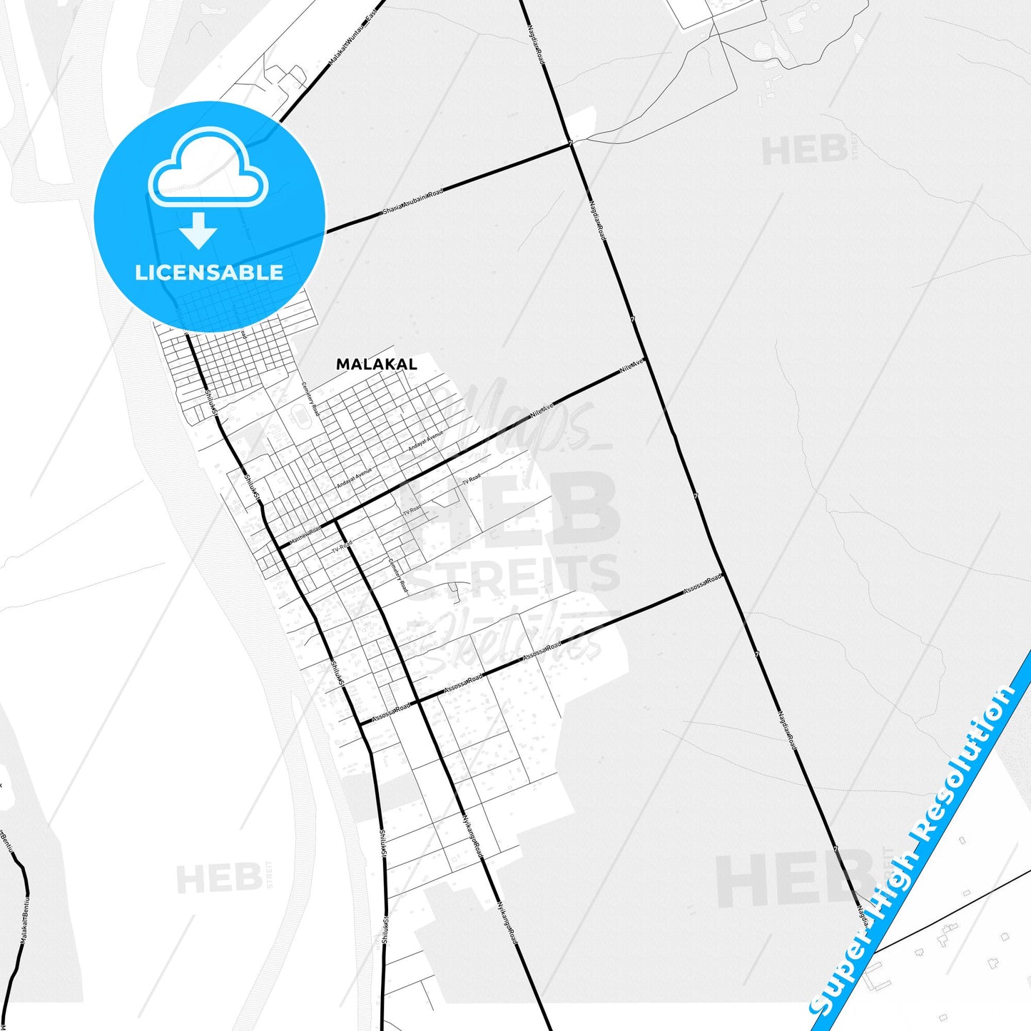 Malakal, South Sudan Light Map with Street Names, City Names, and Districts