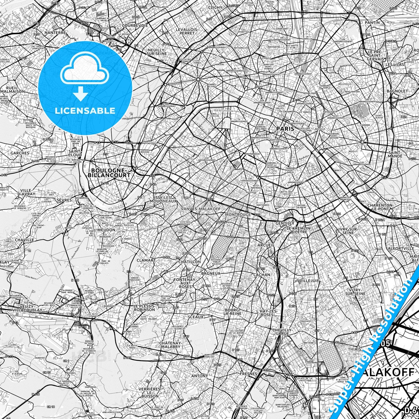 Malakoff, France light map with streetnames, citynames and districts