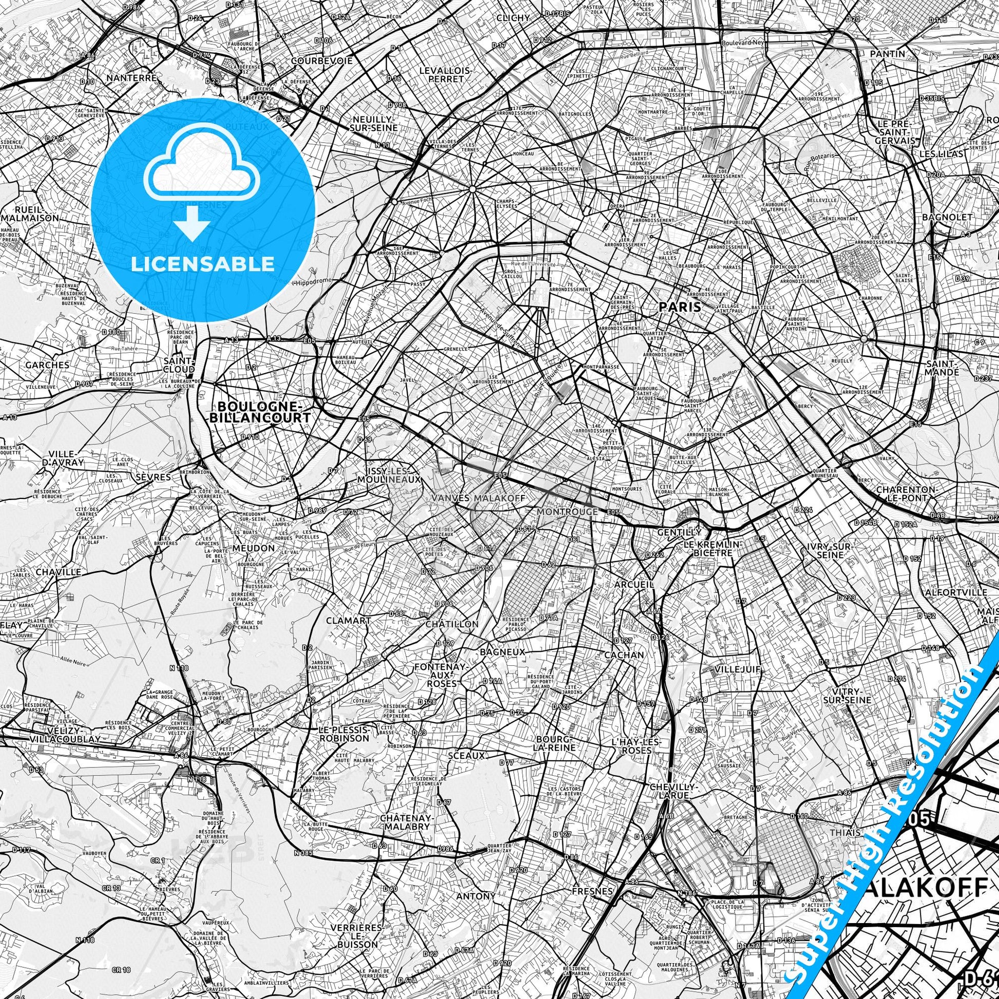 Malakoff, France light map with streetnames, citynames and districts