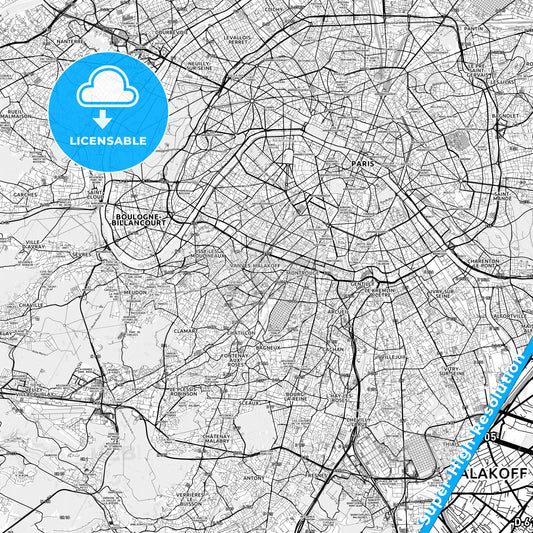 Malakoff, France light map with streetnames, citynames and districts