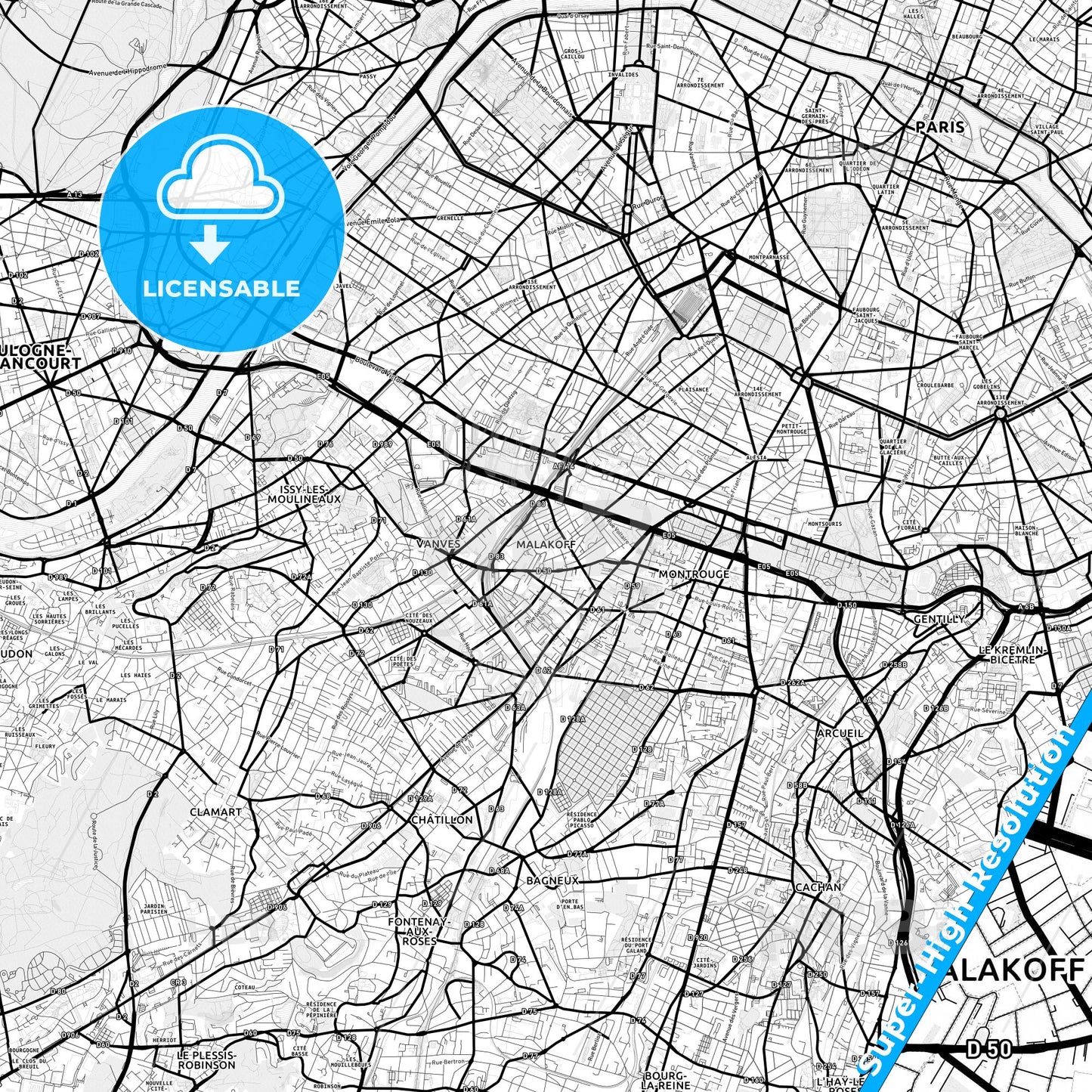 Malakoff, France Light Map with Street Names, City Names, and Districts