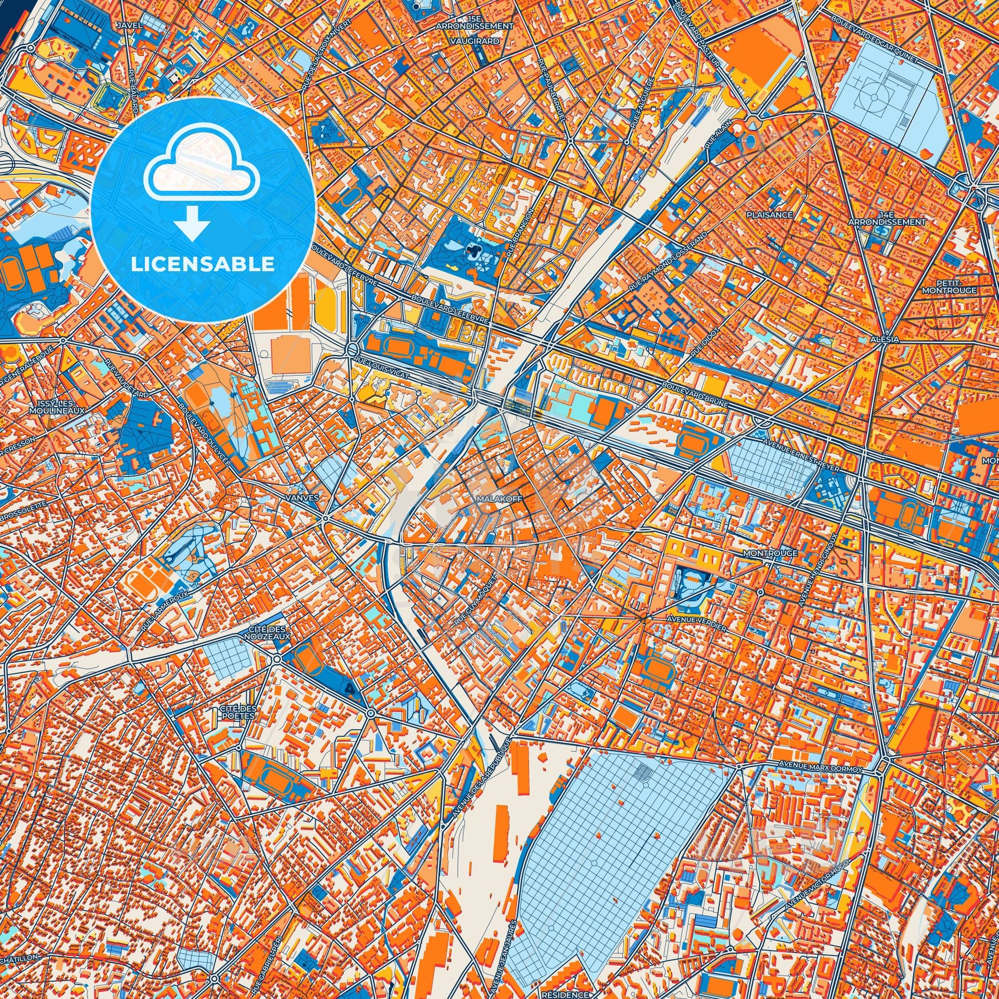 Colorful Malakoff Street Map with Labels and Buildings