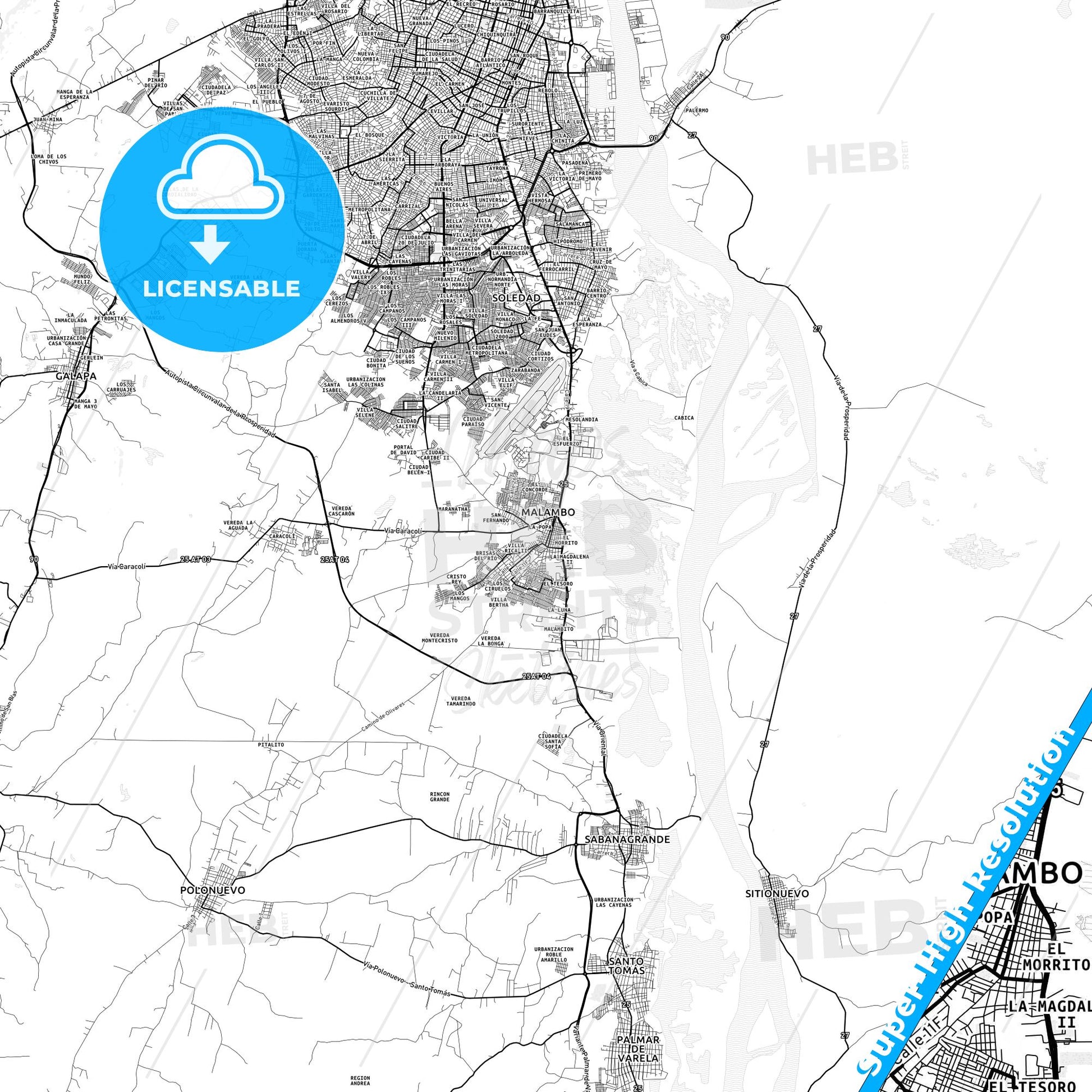 Malambo, Colombia light map with streetnames, citynames and districts