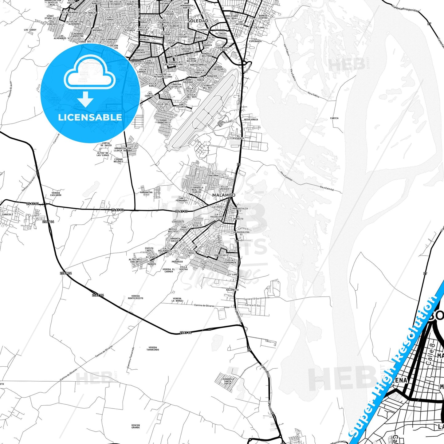 Malambo, Colombia Light Map with Street Names, City Names, and Districts