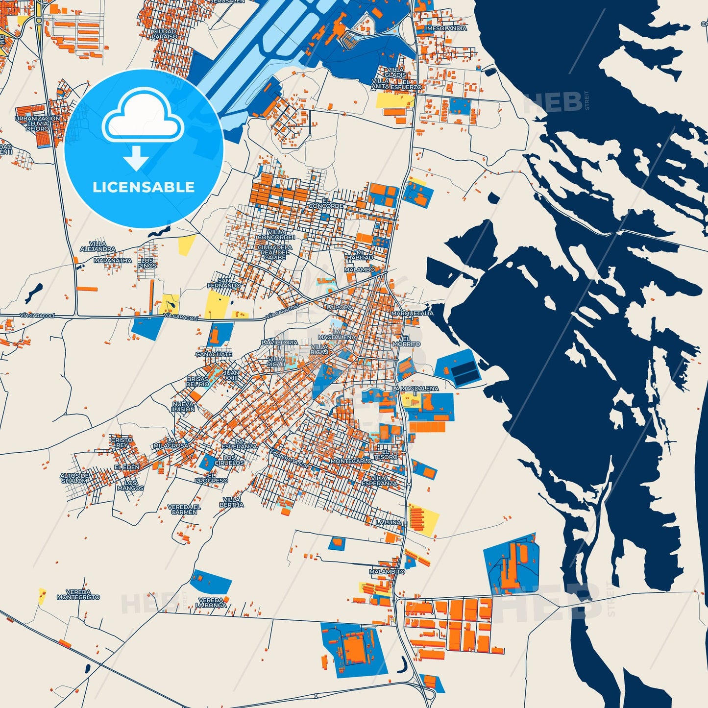 Colorful Malambo Street Map with Labels and Buildings