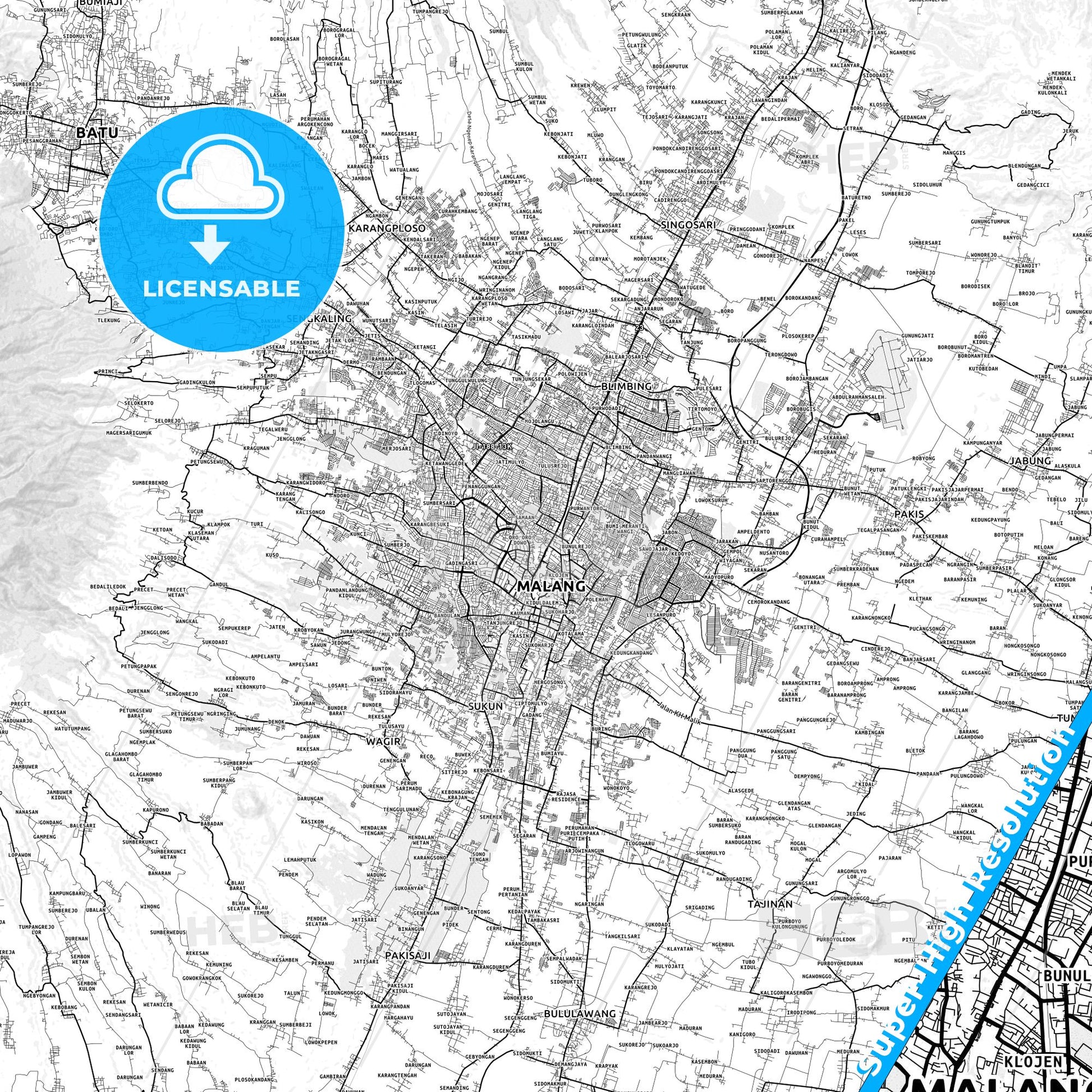 Malang, Indonesia light map with streetnames, citynames and districts