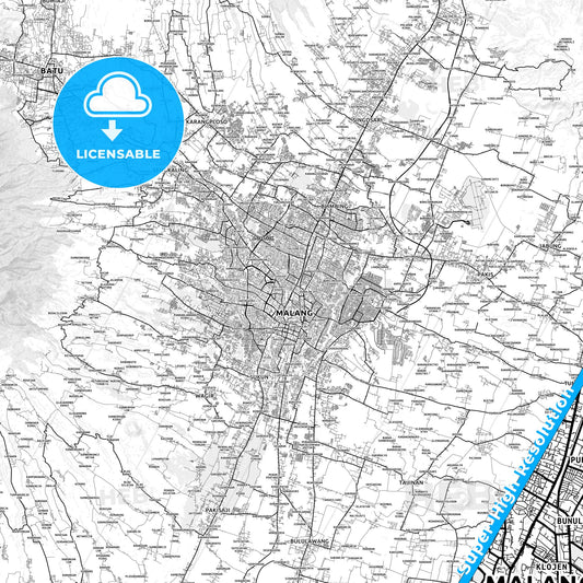 Malang, Indonesia light map with streetnames, citynames and districts