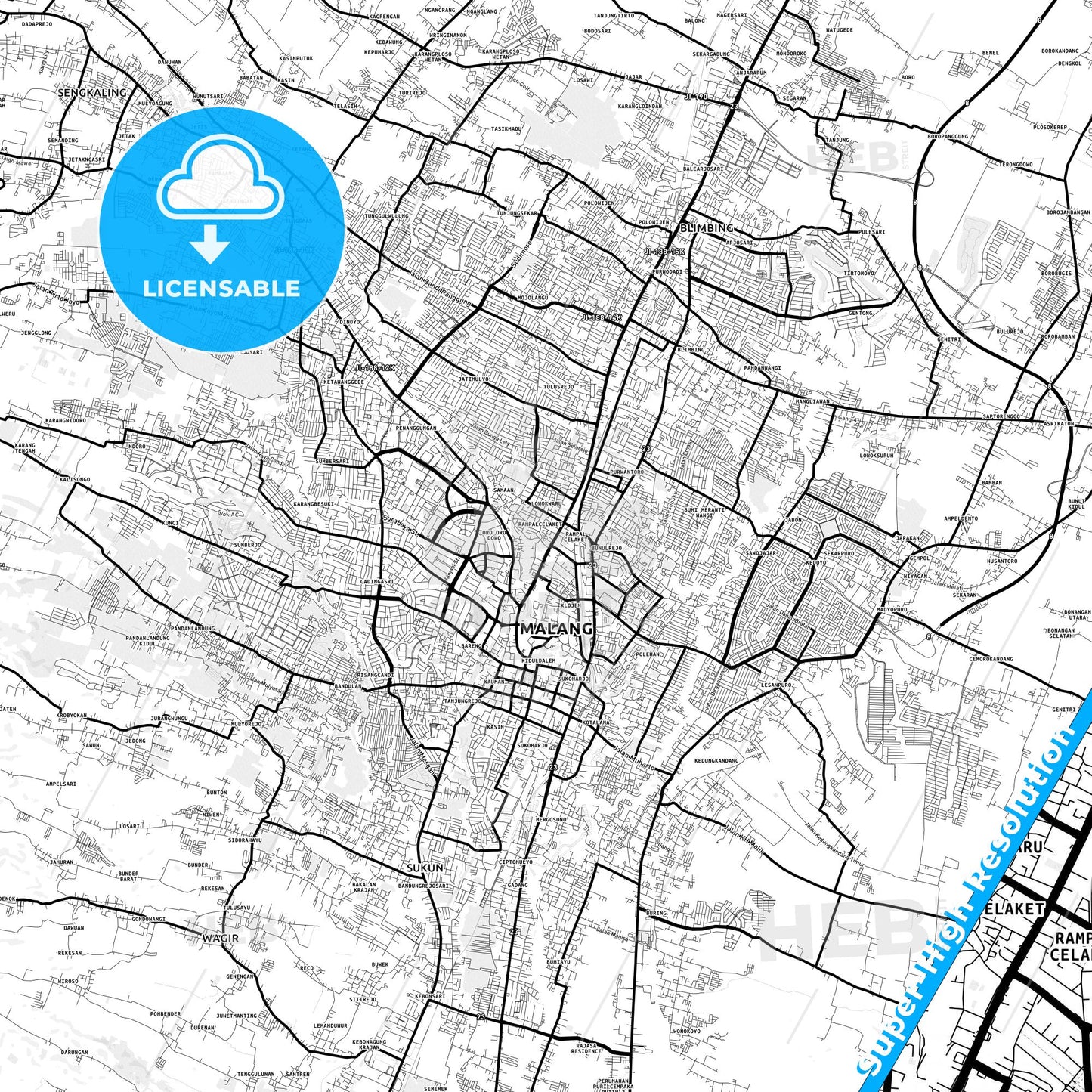 Malang, Indonesia Light Map with Street Names, City Names, and Districts