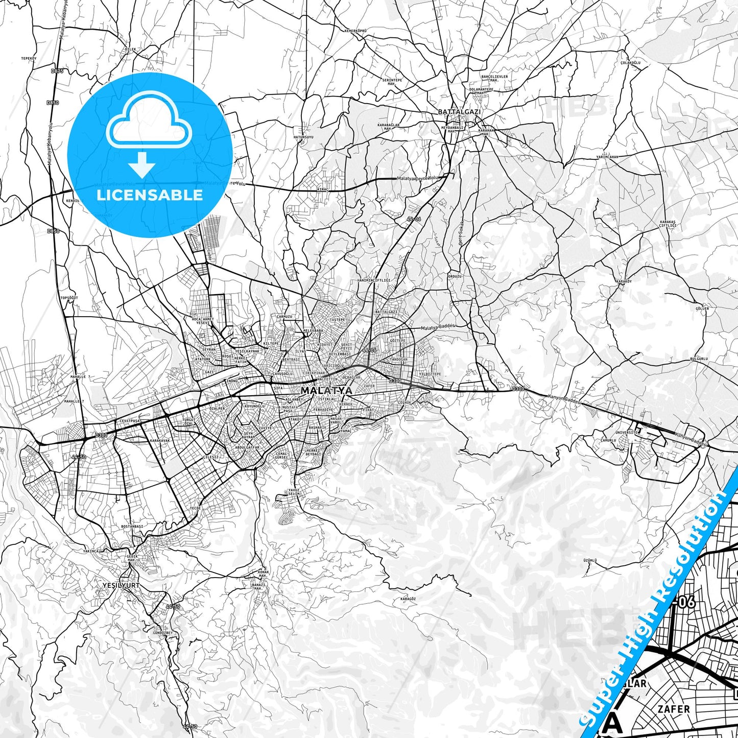 Malatya, Turkey light map with streetnames, citynames and districts