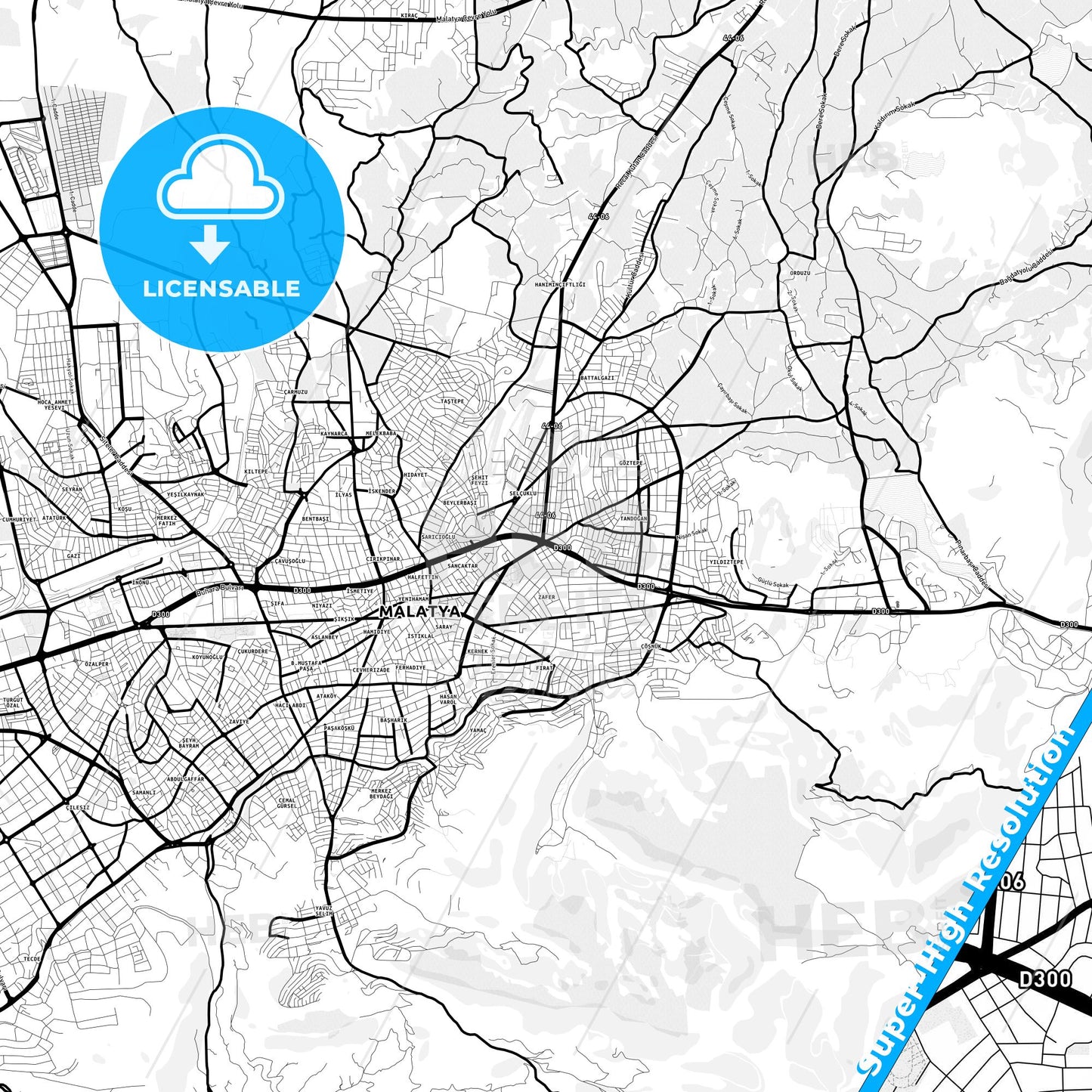 Malatya, Turkey Light Map with Street Names, City Names, and Districts