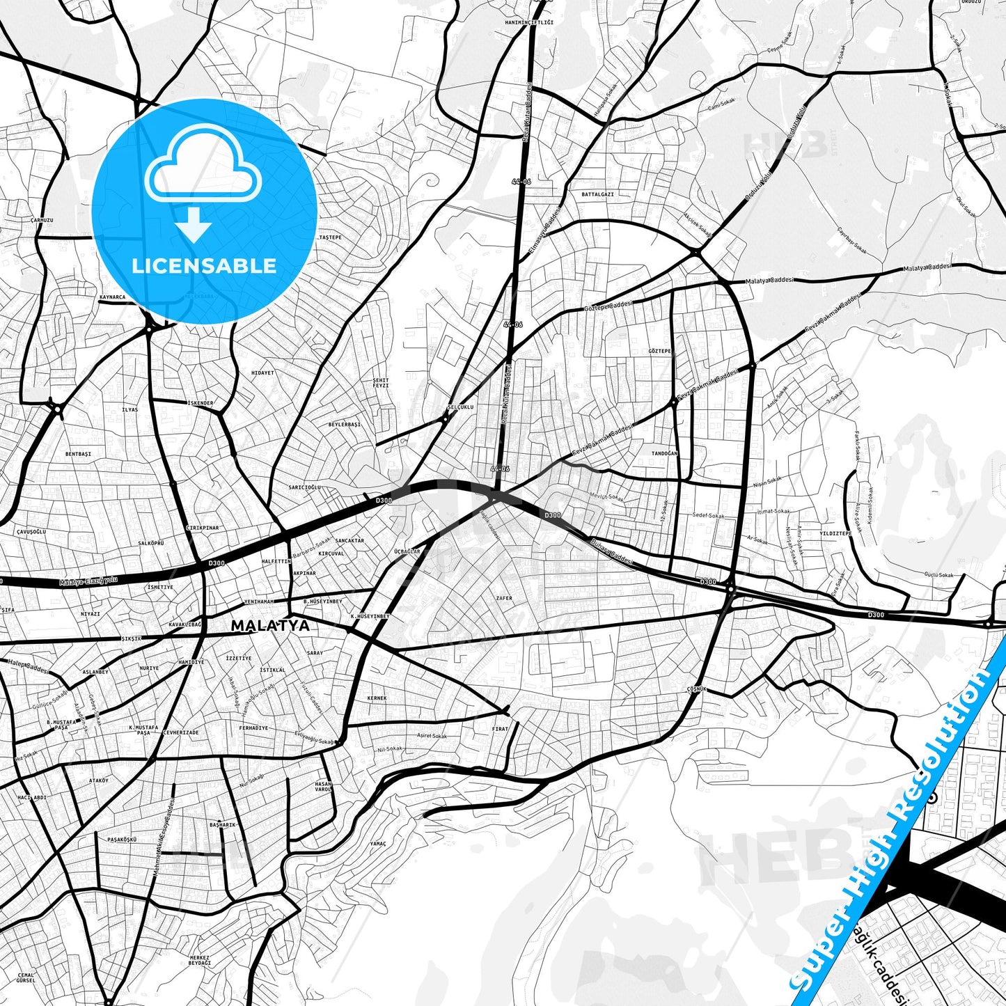 Malatya, Turkey Light Map with Street Names, City Names, and Districts