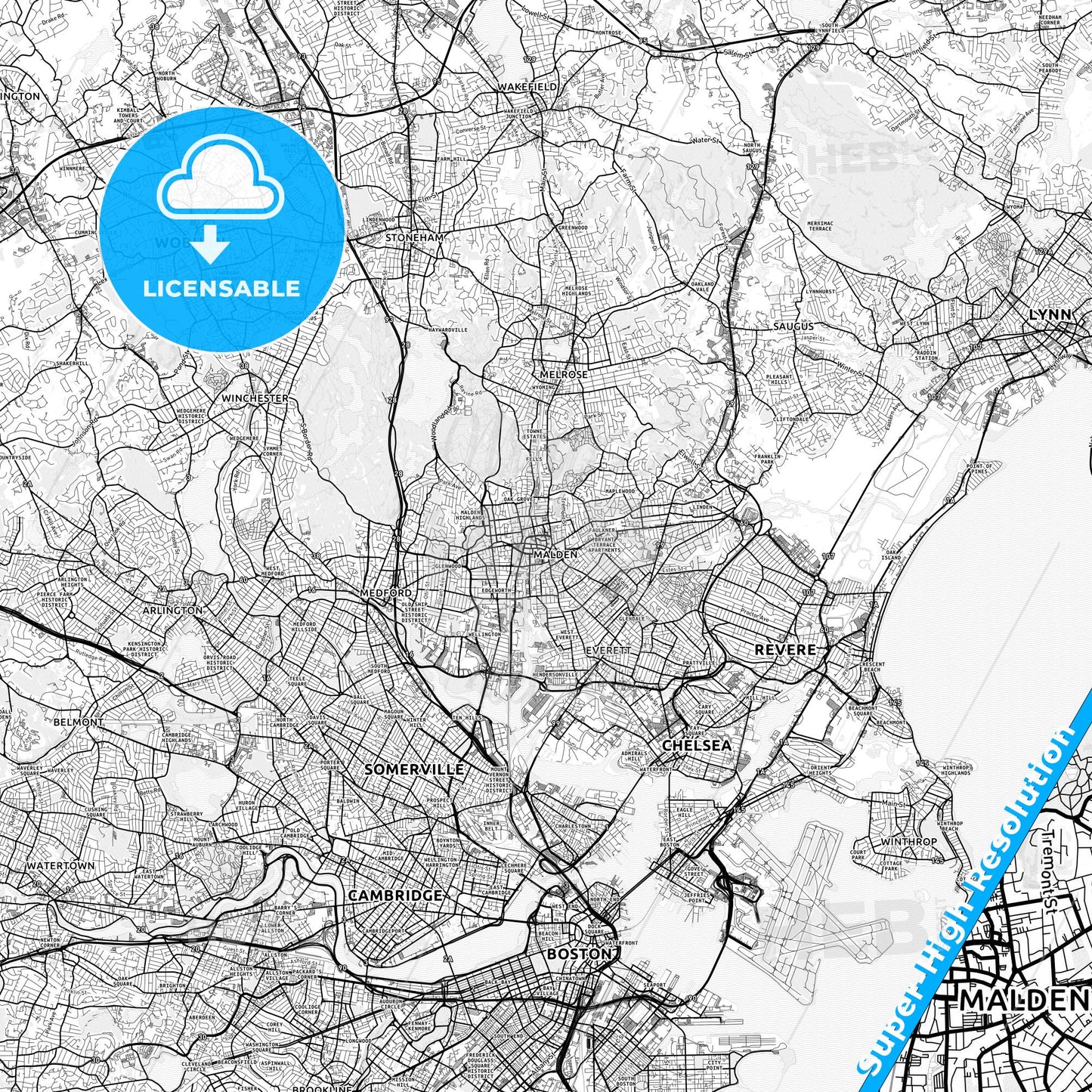 Malden, Massachusetts light map with streetnames, citynames and districts