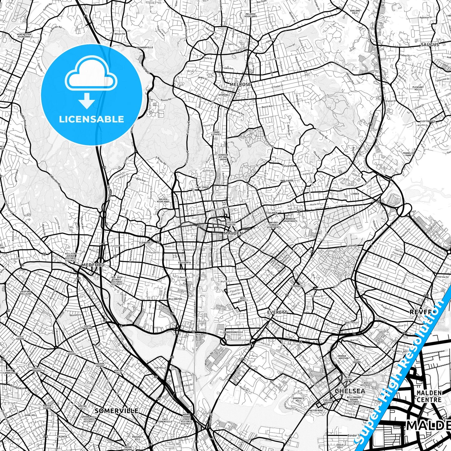 Malden, Massachusetts Light Map with Street Names, City Names, and Districts