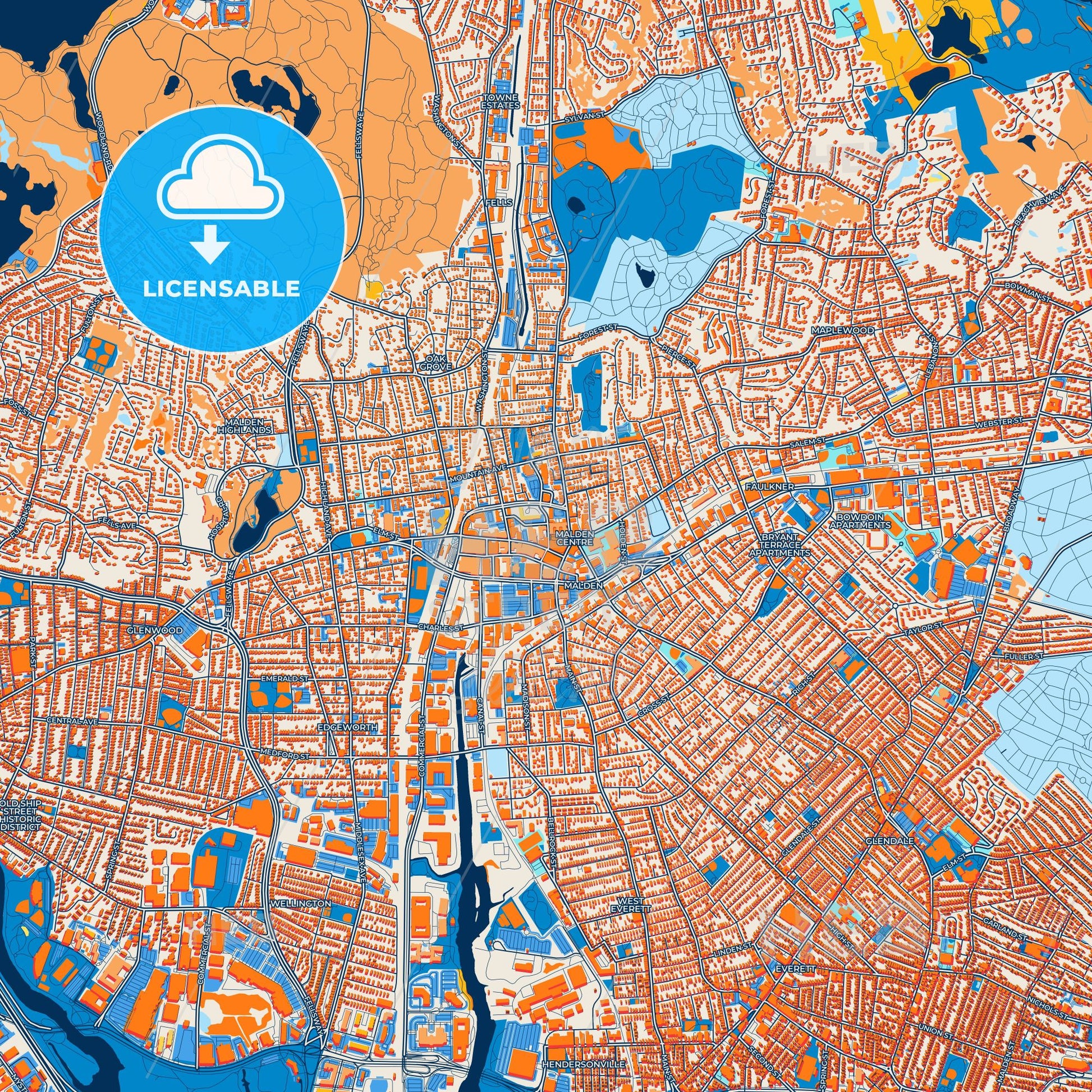 Colorful Malden Street Map with Labels and Buildings