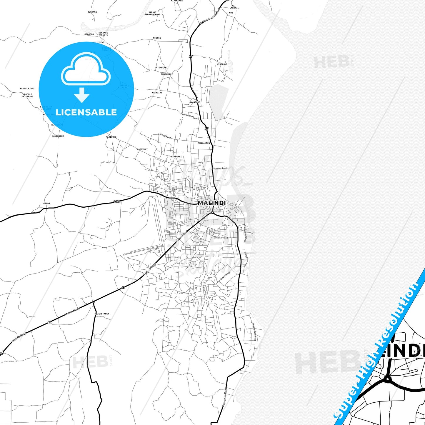 Malindi, Kenya Light Map with Street Names, City Names, and Districts